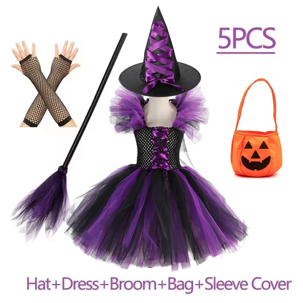 Witch Tutu Kids Halloween Costume Disguise Cosplay Carnival Party Christmas Toddler Girls Princess Dress Prom Gown Dress 5
