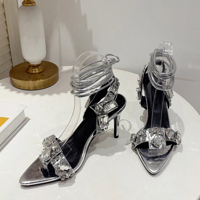 Glamorous Gold Ankle Strap Sandals for Women | Crystal Embellished Party Heels