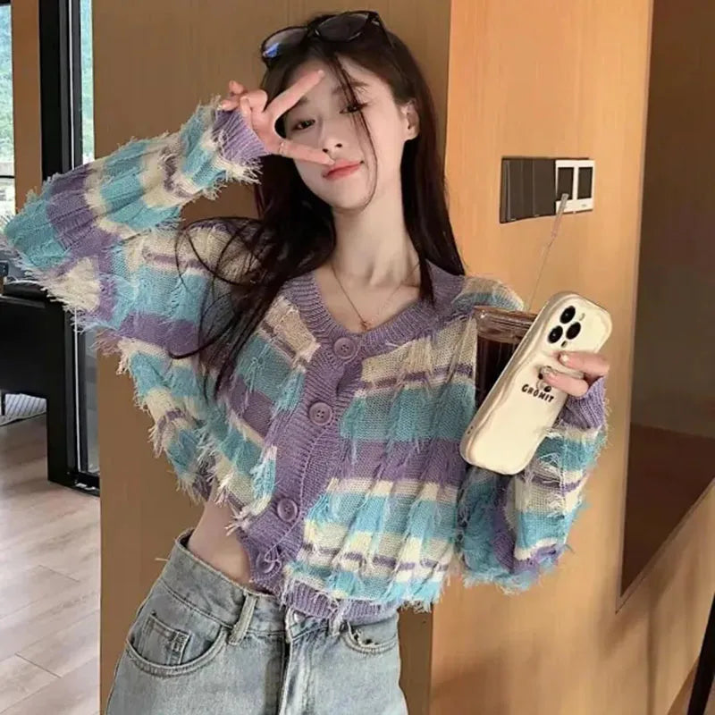 Patchwork Striped Cardigan Women Tassel Long Sleeve Knitted Sweet Sweater Fashion Purple Button Autumn Cropped Tops 6