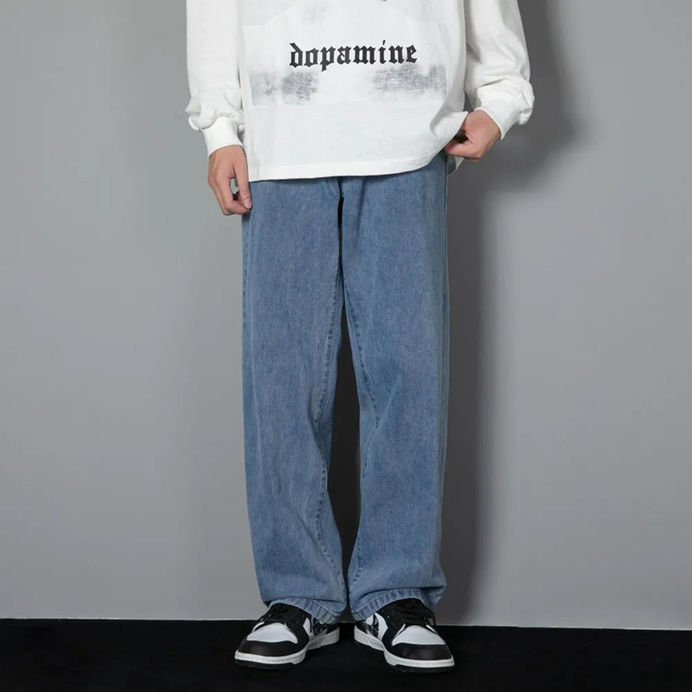 Korean Solid Colors Men's Casual Long Jeans Classic Man Four Seasons Straight Denim Wide-leg Pants Light Blue Grey Black 3XL 4