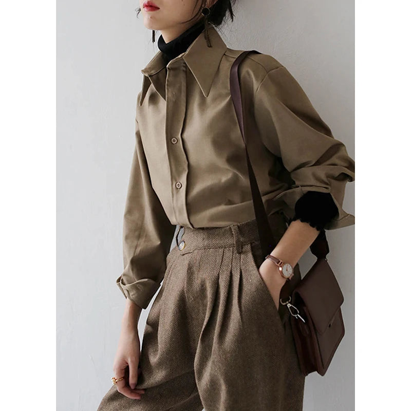 QOERLIN Coffee Blouse Women Spring Autumn Casual Solid Color Long Sleeve Shirt Women Korean Loose Shirt OL Style Workwear S-XL 4