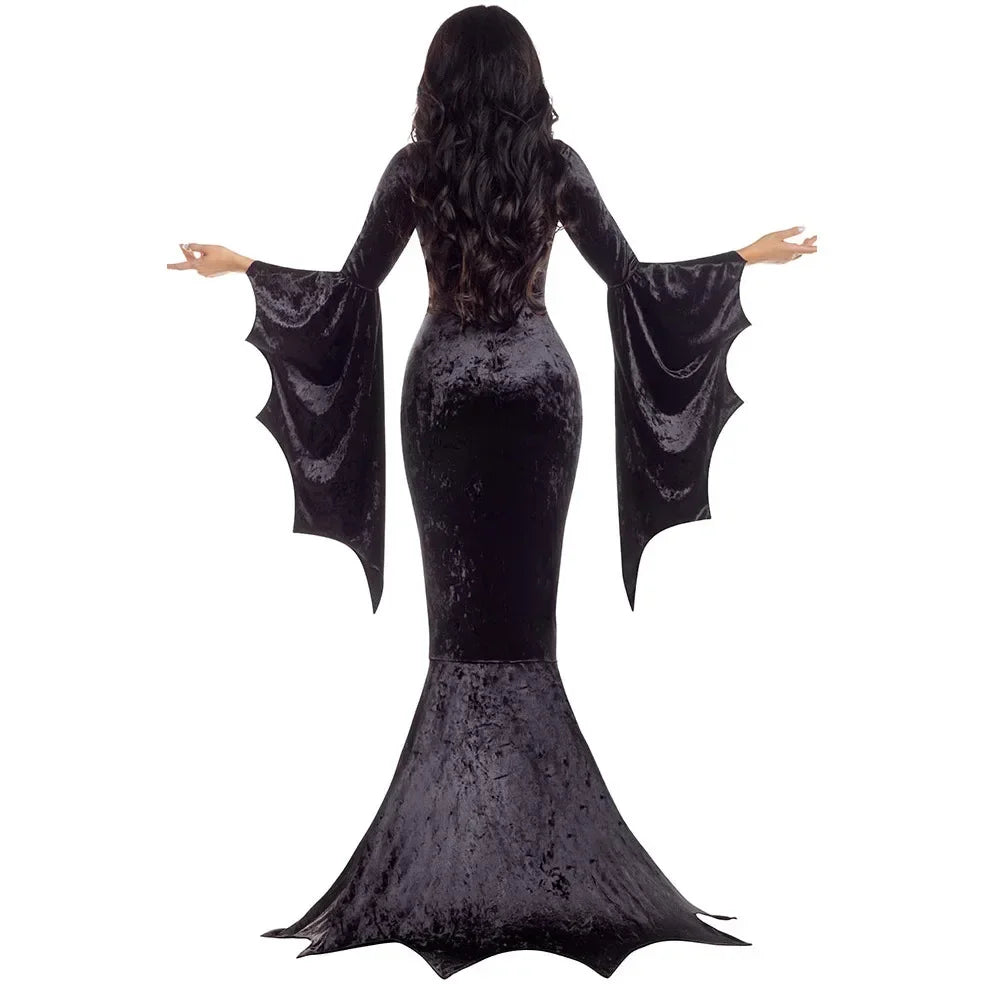 Costume Morticia Addams Long Train Dress Halloween Terror Dark Outfit Gothic Gown Robe Bat Sleeve Horror For Adult 2