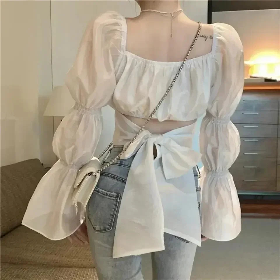 Women’s French Bow Puff-Sleeve Blouse