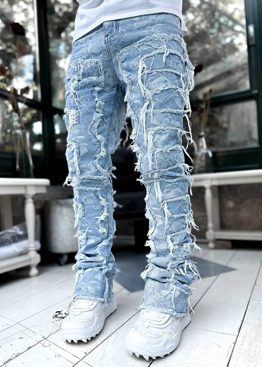 Men’s Ripped Stretch Denim Jeans | Slim Fit Patchwork & Elastic Waist | Straight Leg 1
