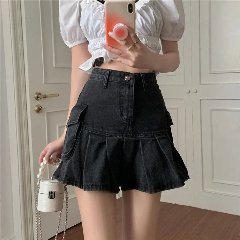Skirts-Women-Summer-High-Waist-Denim-Mini-Vintage-Cargo-Pockets-Pleated-Sexy-Fashion-Design-Classy-Cool