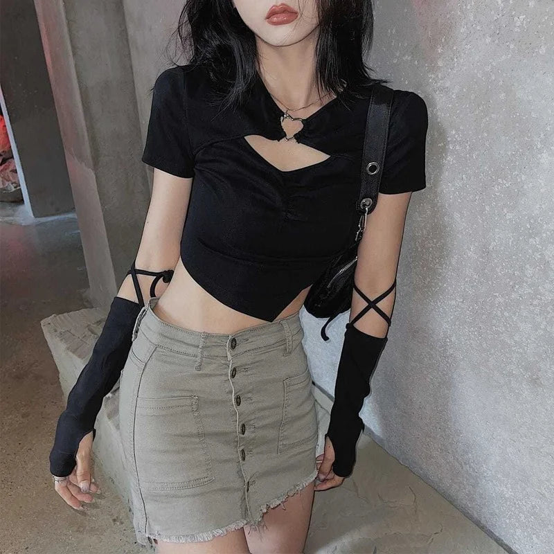 High Street Short Sleeve T-shirt Women Harajuku Summer Hollow Out Slim Design Ins Korean Style Above Navel Cropped Top All-match 3