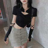 High Street Short Sleeve T-shirt Women Harajuku Summer Hollow Out Slim Design Ins Korean Style Above Navel Cropped Top All-match 3