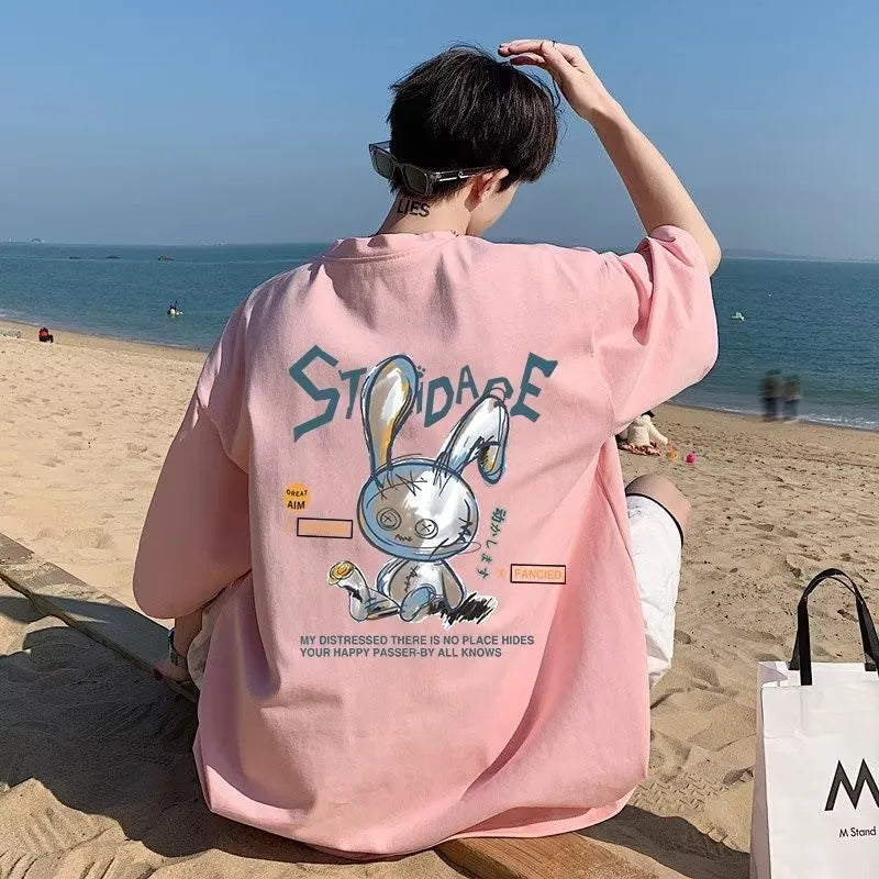 8XL Men Oversize Korean Fashion Loose American Love Puppet Rabbit Print Short Sleeve Round Neck Versatile Trend Couple outfit 4