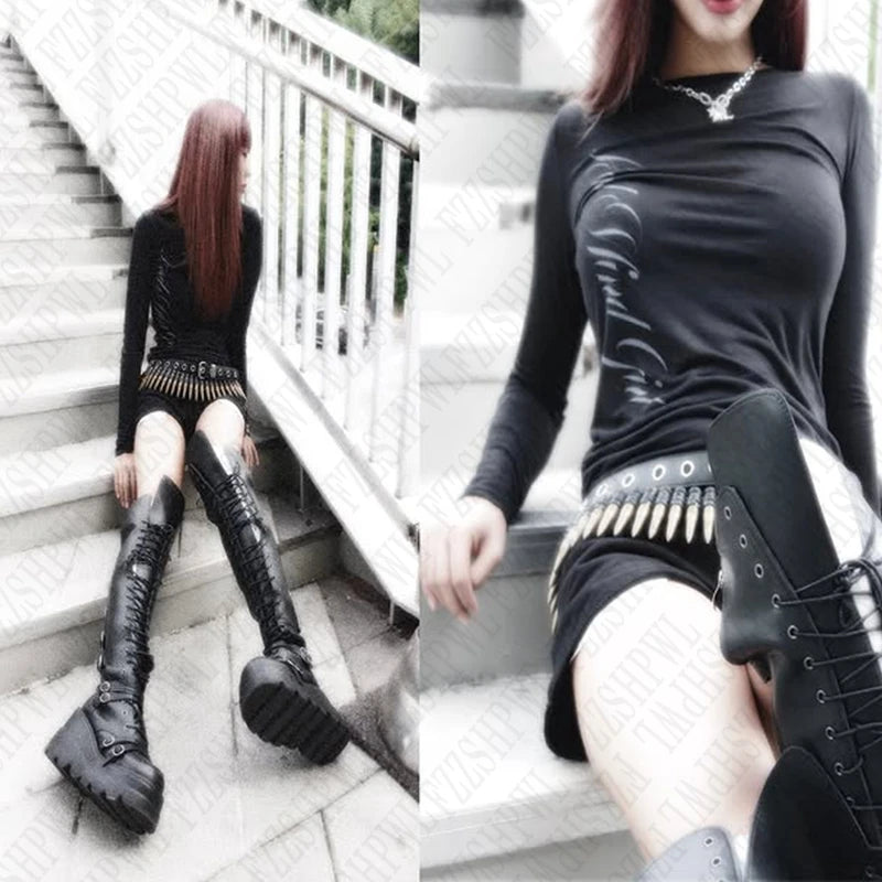Gothic Harajuku Vintage Punk Emo Girls Long Sleeve Tee Sexy Slim Chic Printing Crop Tops Grunge Y2K Aesthetic Women's Streetwear 5