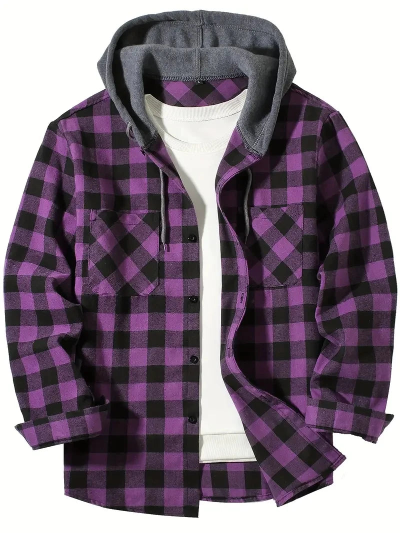Youth Fashion Street Hooded Plaid Shirt Men's Slim Fit 6