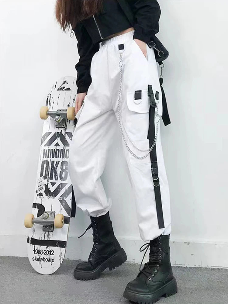 Women Cargo Pants  Harem Pants Fashion Punk Pockets Jogger Trousers With Chain Harajuku Elastics High Waist Streetwear 10