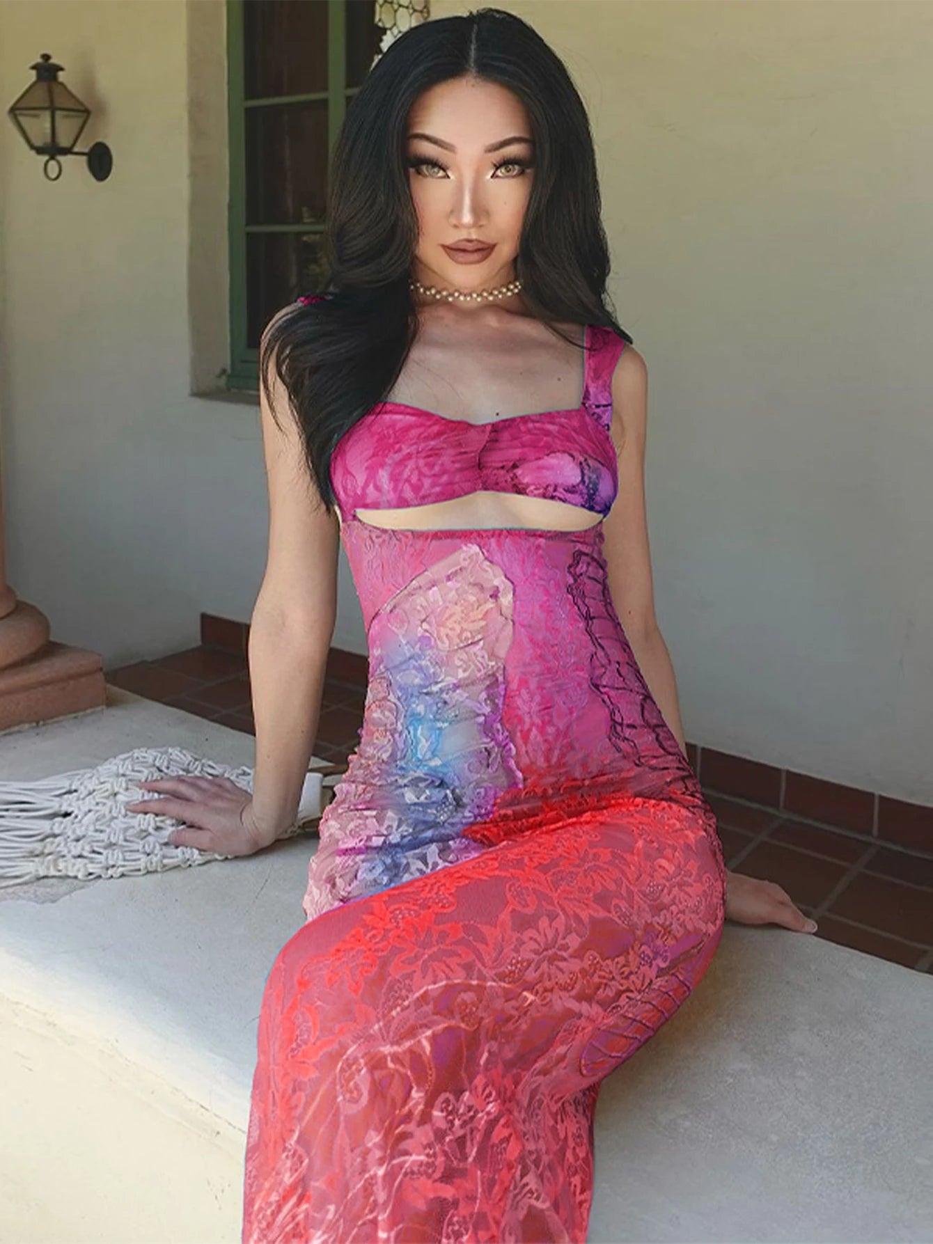 Y2K Lace Print Bandage Dress | Cut-Out Maxi Bodycon for Party & Club