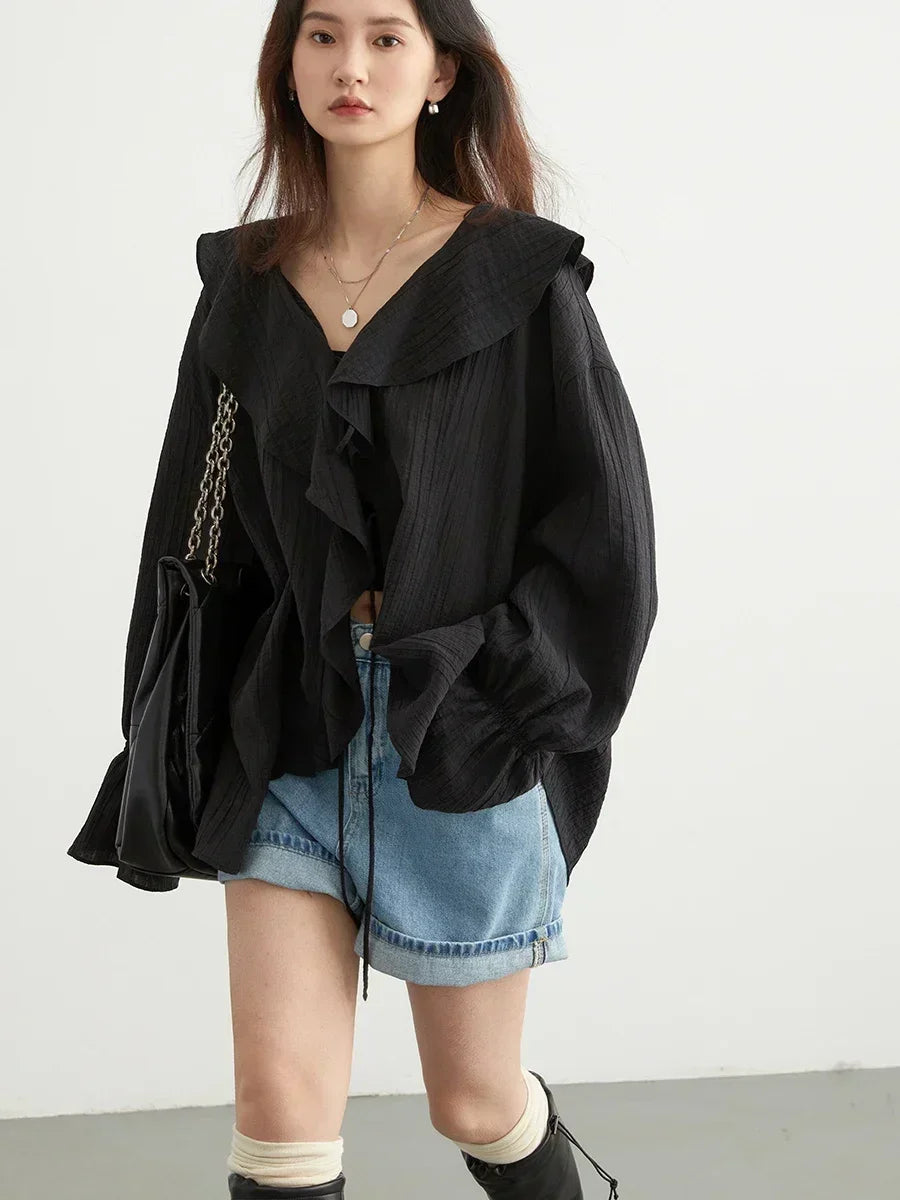 CHIC VEN Women Shirt Loose Casual Ruffled Edges Female Blouses V Neck Lace Up Mid Length Woman Shirts Spring Summer 2024 3