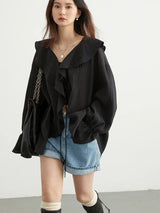 CHIC VEN Women Shirt Loose Casual Ruffled Edges Female Blouses V Neck Lace Up Mid Length Woman Shirts Spring Summer 2024 3