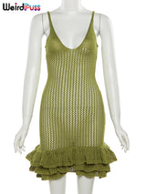 Weird Puss Knit Women Dress Sexy Hipster See Through Pleated Hem Deep v-Neck Backless Sleeveless Cami Bodycon Midnight Clubwear 5