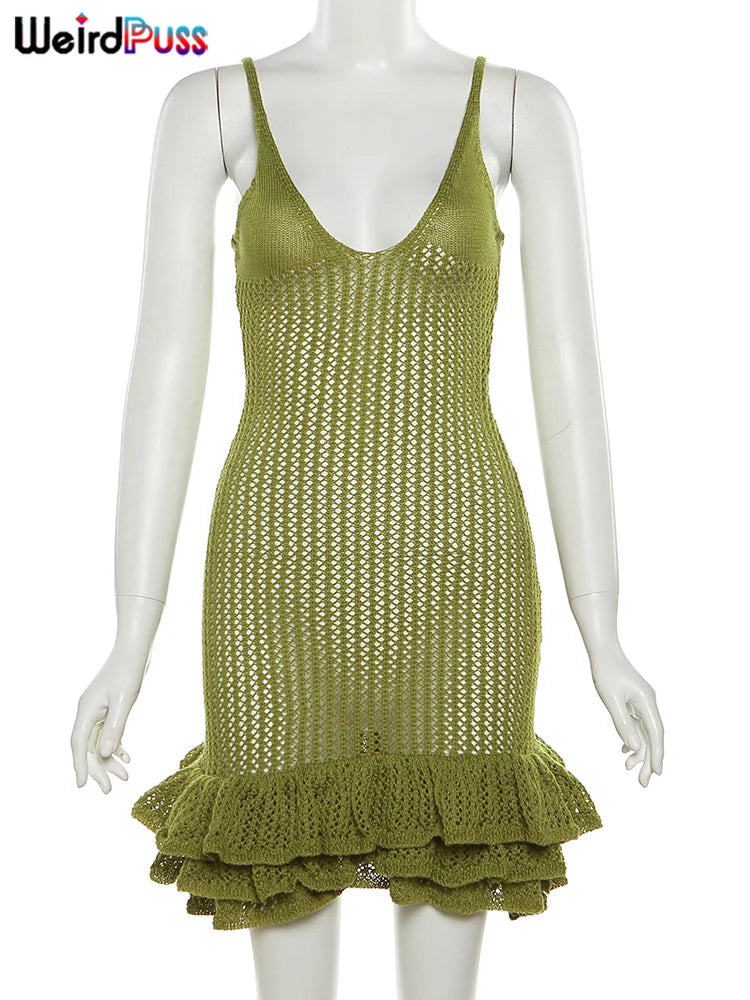 Weird Puss Knit Women Dress Sexy Hipster See Through Pleated Hem Deep v-Neck Backless Sleeveless Cami Bodycon Midnight Clubwear 5