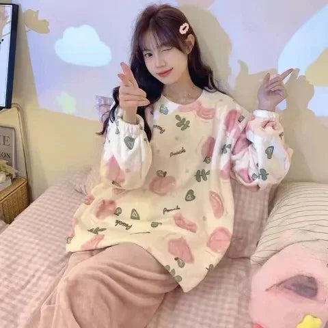 Autumn Winter New Warm Flannel Women's Pajamas Set Long-sleeved Trousers Two-piece Set Cute Soft Home Wear Clothes for Women 7