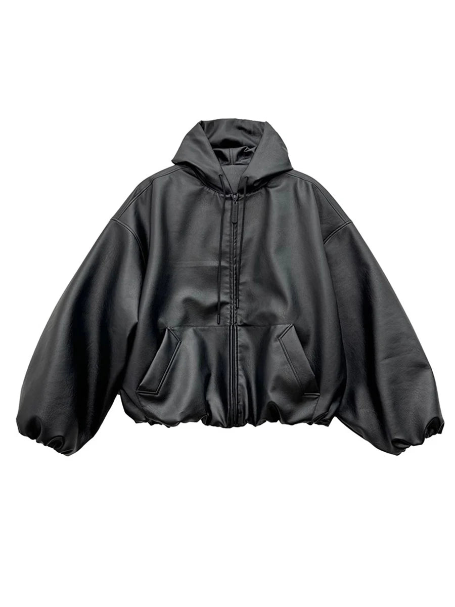 Mauroicardi Spring Autumn Short Oversized Black Soft Pu Leather Jacket Men with Hood Zipper Loose Casual Korean Fashion Clothes 5