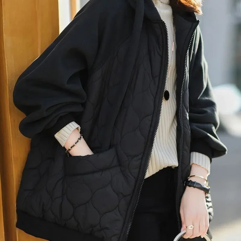 Light Down Cotton Solid Women Cotton Clothes 2025 Winter New Version Temperament  Jacket Hooded Loose Women Tops 3