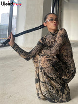 Mesh Print Women Maxi Dress Turtleneck Full Sleeve Bodycon Autumn Trendy Hipsters High Street Party Y2K Attirewear 4