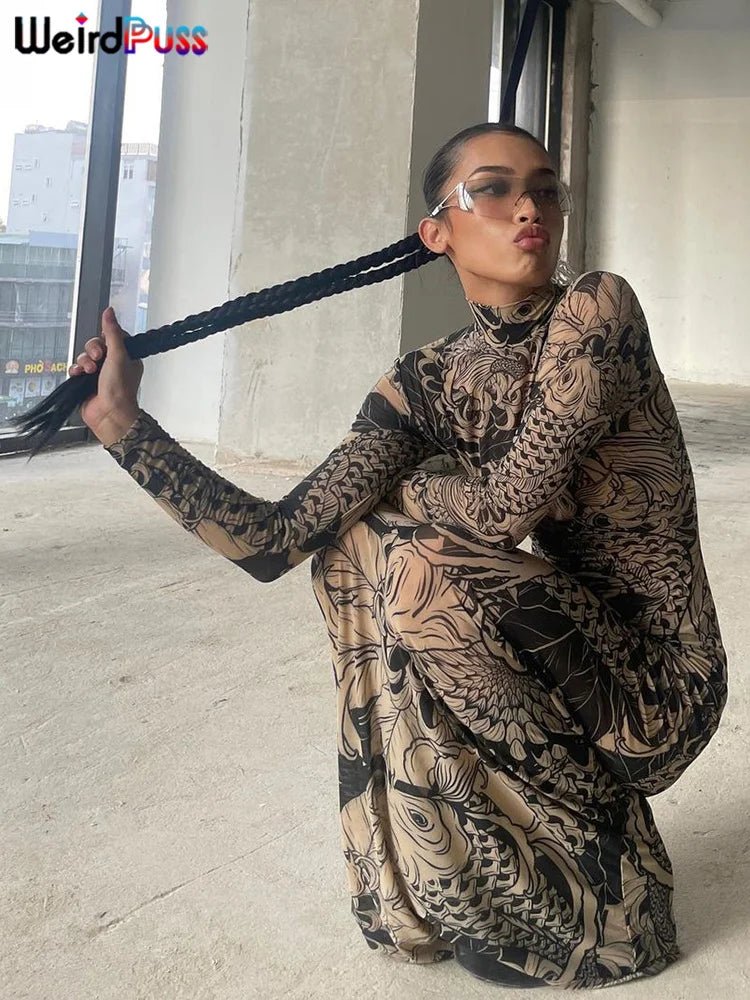 Mesh Print Women Maxi Dress Turtleneck Full Sleeve Bodycon Autumn Trendy Hipsters High Street Party Y2K Attirewear 4