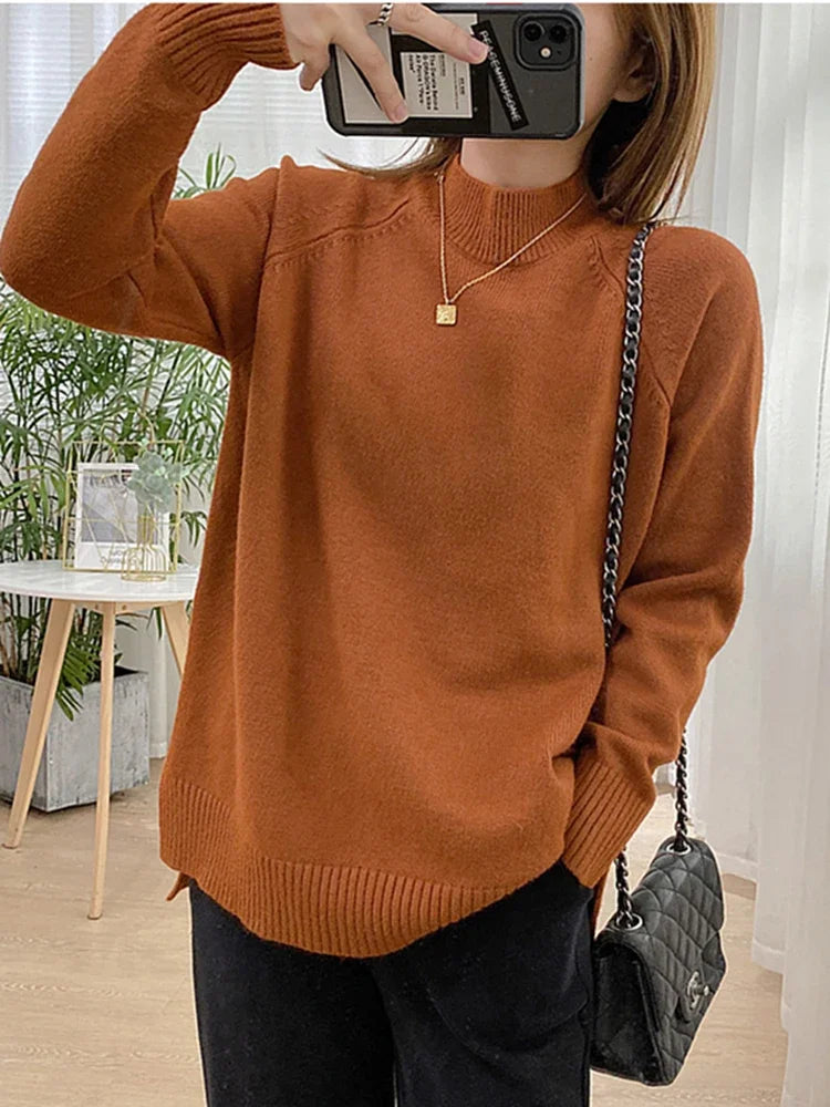 Women Mock Neck Pullovers Sweater High Quality Oversized Jumper Split Fall Winter Clothes Beige Purple Green 8 Colors  C-114 8