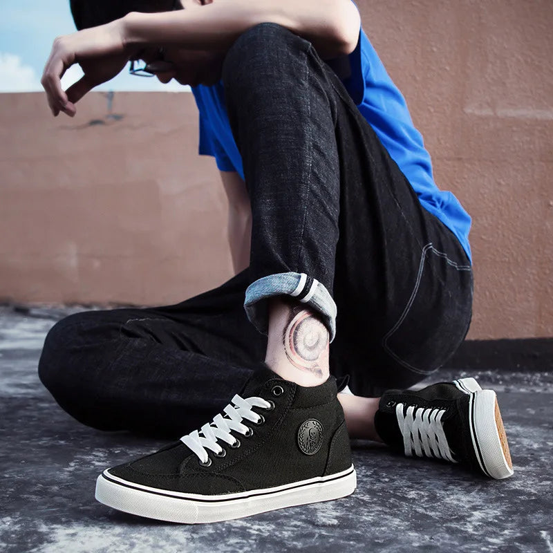 Men's High-Top Canvas Sneakers Slip-On Lace-Up Casual All-Black Basic Skate Shoes for Students Flat Sole Comfortable Sport Shoes 3