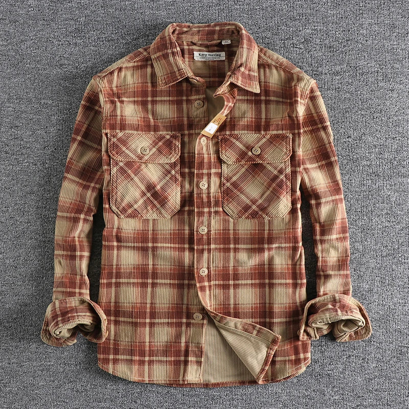 Men's Khaki Retro Spring/Autumn Corduroy Long Sleeve Shirt - Washed Comfort Fit 2