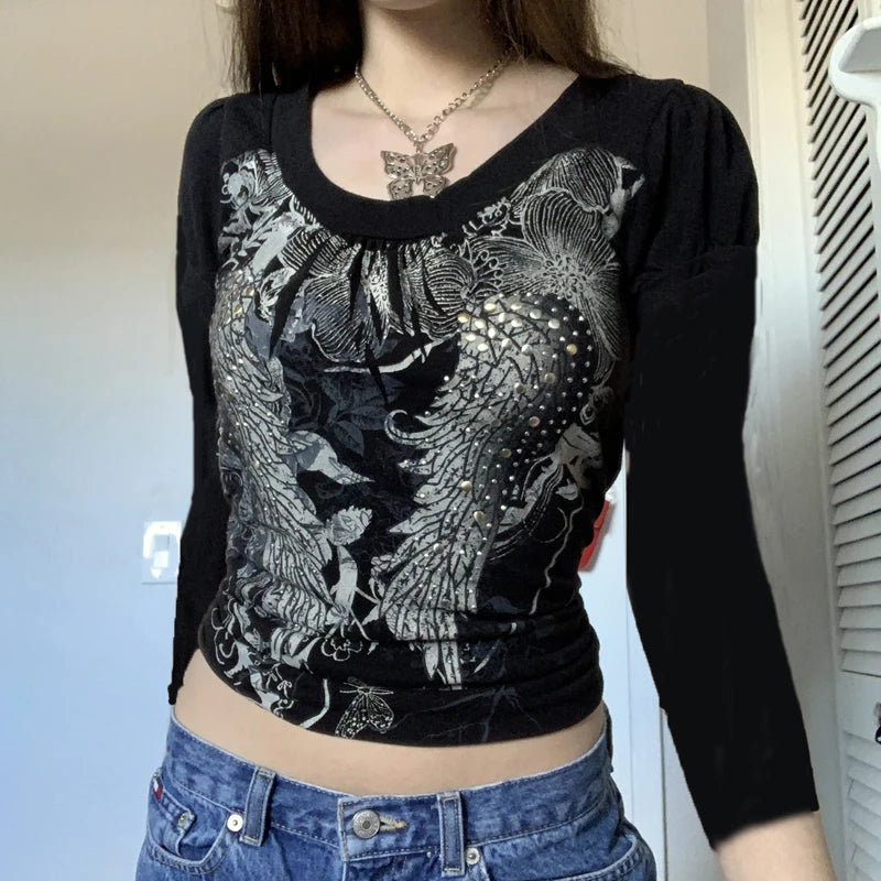 Dark-Academia-Graphic-Print-T-shirt-E-girl-Gothic-Mall-Goth-Alt-Emo-Crop-Top-Y2K