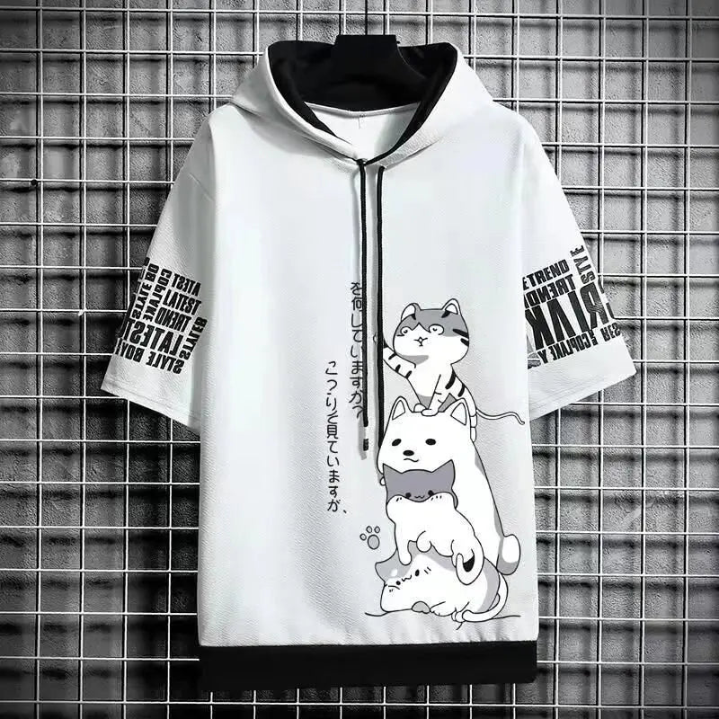 Japan Fashion Men's Hoodies Summer Men Clothing Cartoon Casual Harajuku Streetwear Print Hooded Top Short Sleeve Sweatshirts Men 4