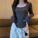 Women Long Sleeve Square Neck T-Shirt Spring And Autumn New Irregular Hem Slim Casual Top Girl Bottom Shirts 2