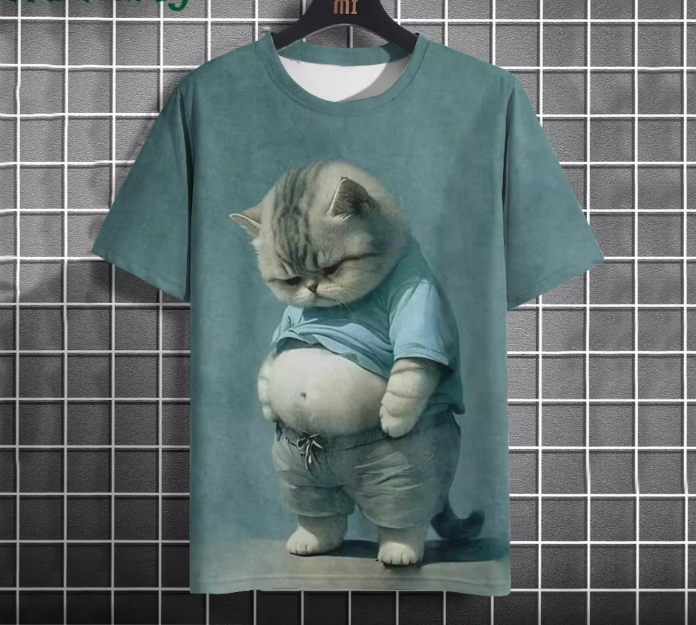 Funny Cat Graphic T-Shirt - Men's Casual Short Sleeve Oversized Tee
