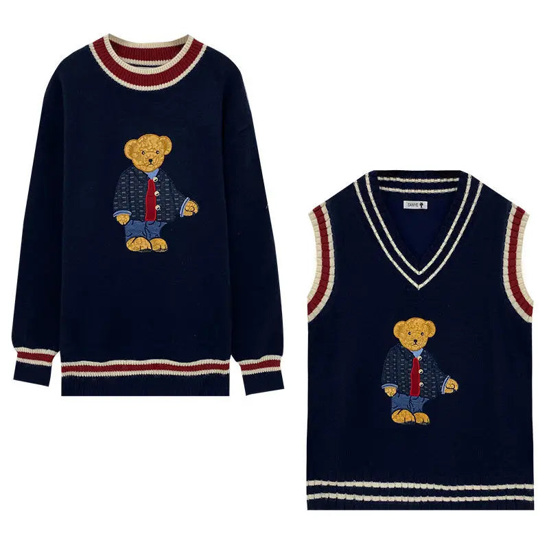 2024 Autumn Winter Women's Vest Japanese Style Cartoon Bear Pullover Vest Sweater Oversize Harajuku Kawaii Clothes Knitted Vest 5