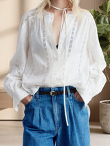 Women s Casual V-Neck Long Sleeve Button Down Shirt with Lace Detailing and Balloon Sleeves - Stylish Fall Blouse 5