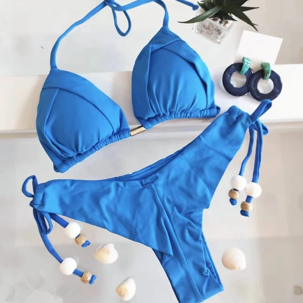 2023 New Sexy Triangle Bathing Suit for Women Brazilian Bikinis Halter Swimwear Push Up Swimsuit Beach Bikini Set 4