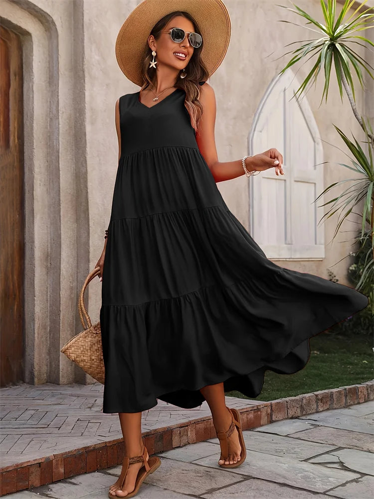 2024 Women Dress Summer Casual Brand Vacation Holiday Beach Long Dresses V-neck Loose Elegant Yellow Black RUFFLES Dress Femme 5