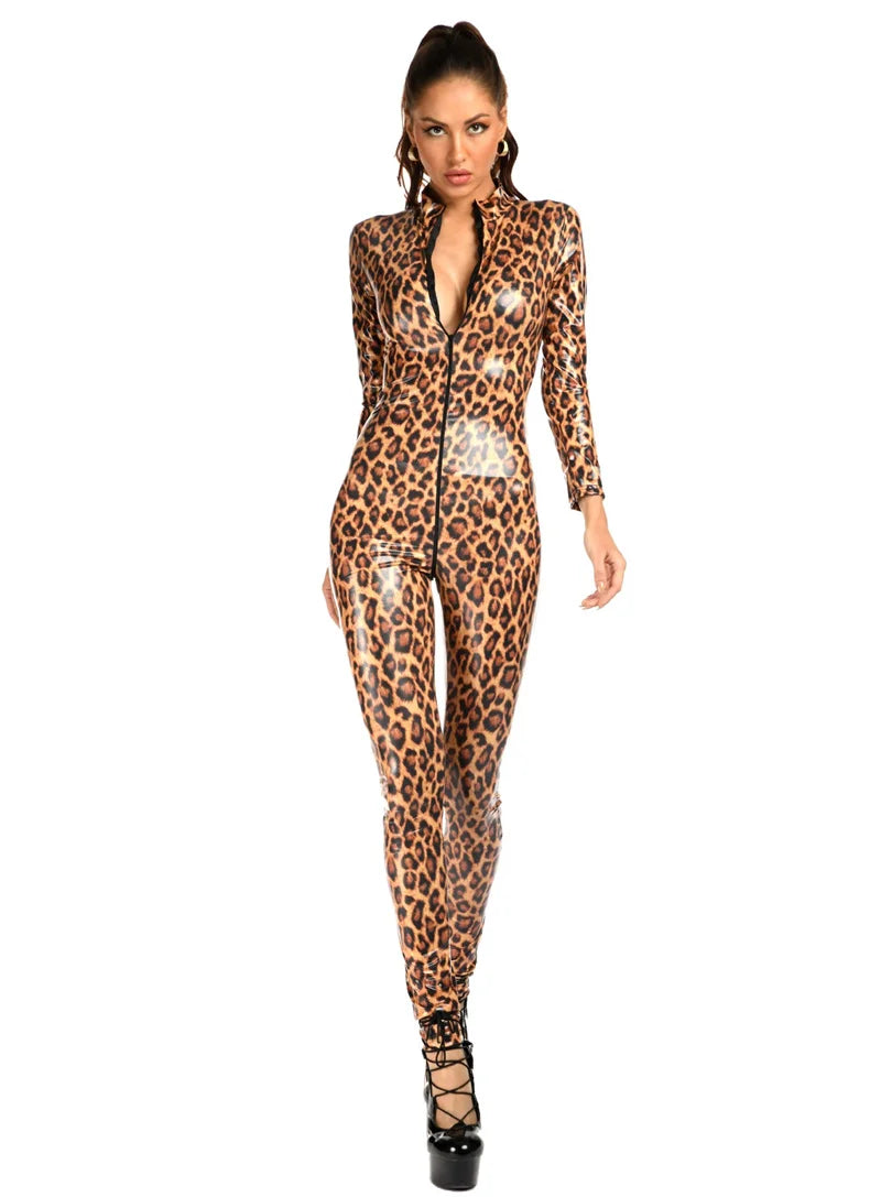 Women's Leopard Print Jumpsuit | Patent Leather Romper, Slim Fit, Zipper, Open Crotch 4