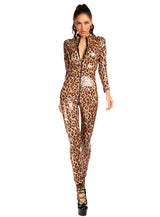 Women's Leopard Print Jumpsuit | Patent Leather Romper, Slim Fit, Zipper, Open Crotch 4