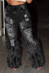 Women's Vintage Feather Tassel Jeans | High Waist Skinny Fit | Distressed Denim, Hollow Out Details | Y2K Streetwear 5