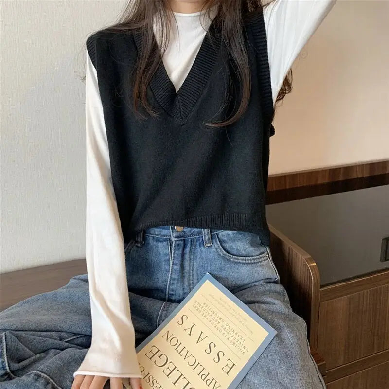 Sweater Vest Women Solid Autumn Winter All-match Leisure Outerwear Knitted V-Neck Sleeveless Female Elegant Chic Simple Harajuku 5