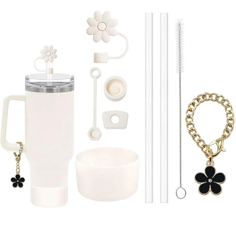 9pcs Accessories Set 3 Spill Proof Stopper Flowers Straw Cover Boot 2 Straw and Brush and 1 Flower Charm Chain for Stanley Cup 3