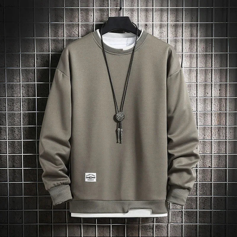 Mens Casual Sweatshirts Hoodie Men Fake Two Pieces Multi Color O-Neck Fashion