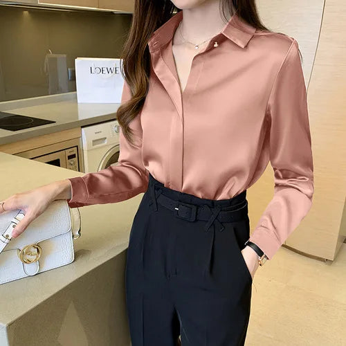 Satin Women's Shirt Long Sleeve Fashion Woman Blouse 2023 Solid Top Female Shirts and Blouse Basic Ladies Tops OL Women Clothing 7