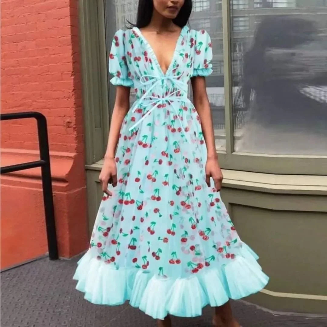 French Style Strawberry Two-Tone V-Neck Gown