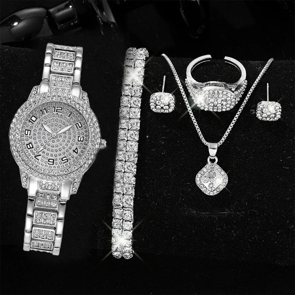 6 Pcs, Luxury Women's Watch Jewelry Set, Fashion Silvery Women's Quartz Watch - The Best Holiday Gift for Yourself