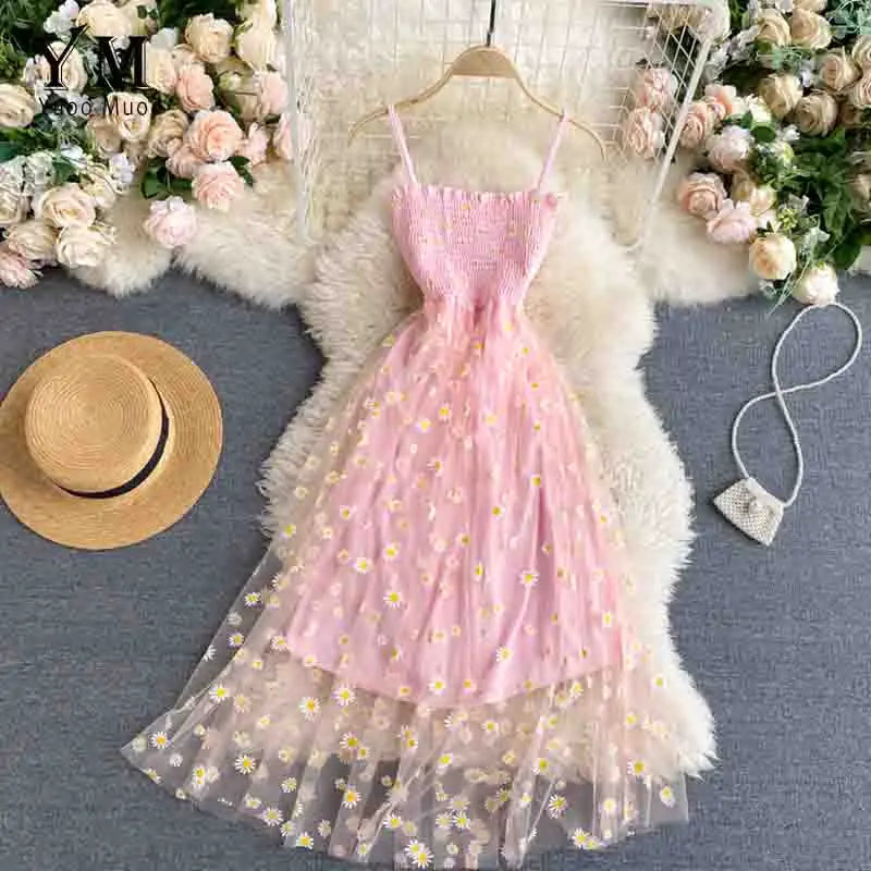 Daisy Print Mesh Midi Dress