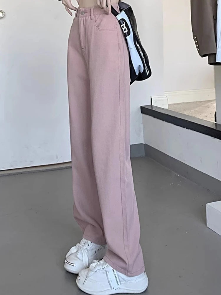 Girls High Waist Wide Leg Jeans Lady High Street Denim Straight Leg Pants Female Retro Blue Light Blue Black Gray Pink Trousers 2