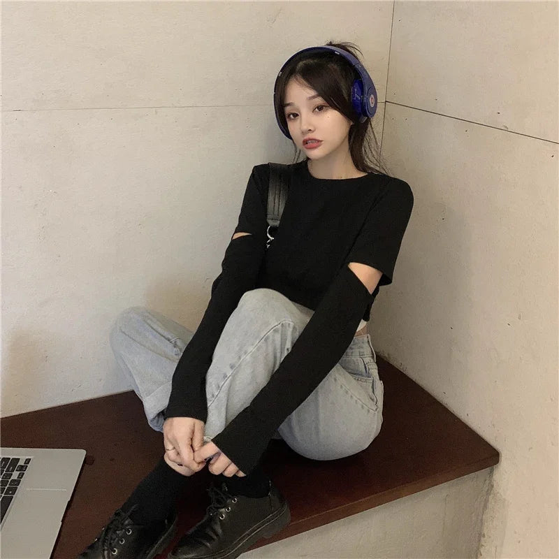 Long Sleeve T-shirts Women Patchwork Loose Crop Tops Hot Girls Casual Simple All-match Spring Ladies Chic Tees Camis Sets 2pecs 4