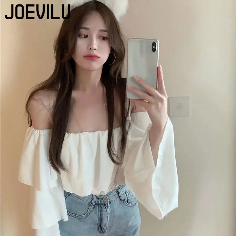 JOEVILU Chiffon Shirt Off Shoulder Ruffle White Blouse Spring and Summer Women's Casual Tops Ladies Korean Style Blusas Crop Top 4