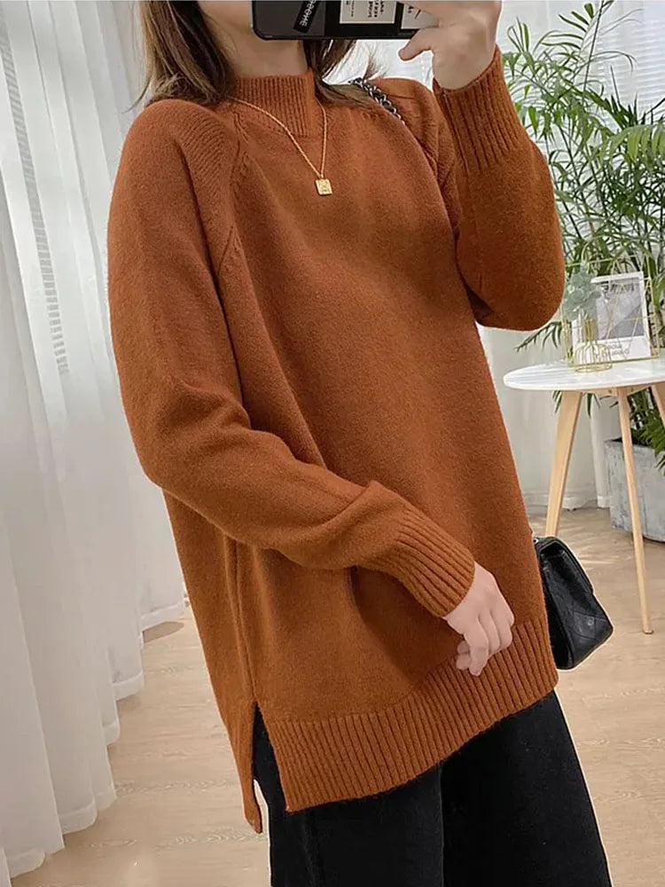 Women Mock Neck Pullovers Sweater High Quality Oversized Jumper Split Fall Winter Clothes Beige Purple Green 8 Colors  C-114 2
